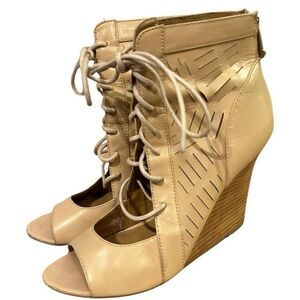 Report Signature Tan Peep-Toe Wedge Ankle Boots